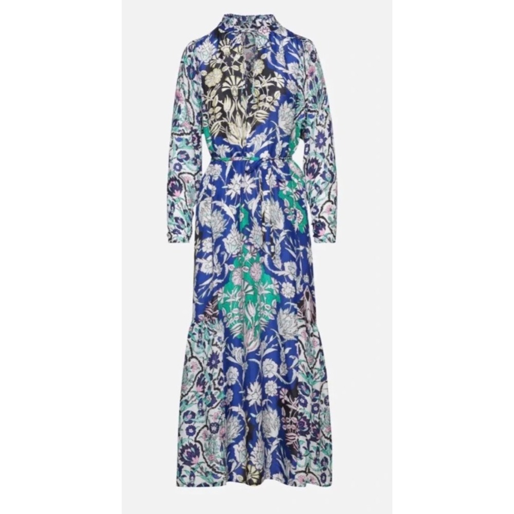 Maria Cher Sea Horse Silk Floral Maxi Dress Blue Print Size Small